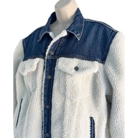 Levi’s Women's Sz L Pieced Sherpa Ex-Boyfriend Blue Trucker Jacket - Picture 3 of 15